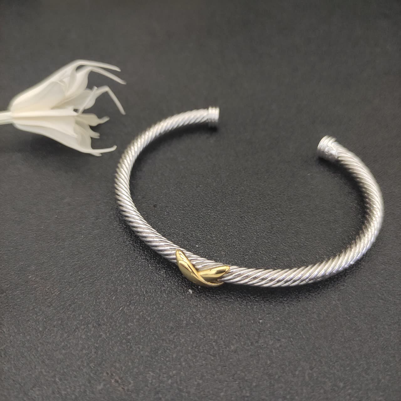 David Yurman Silver Cable Wire Bangle Bracelet with Gold Accents